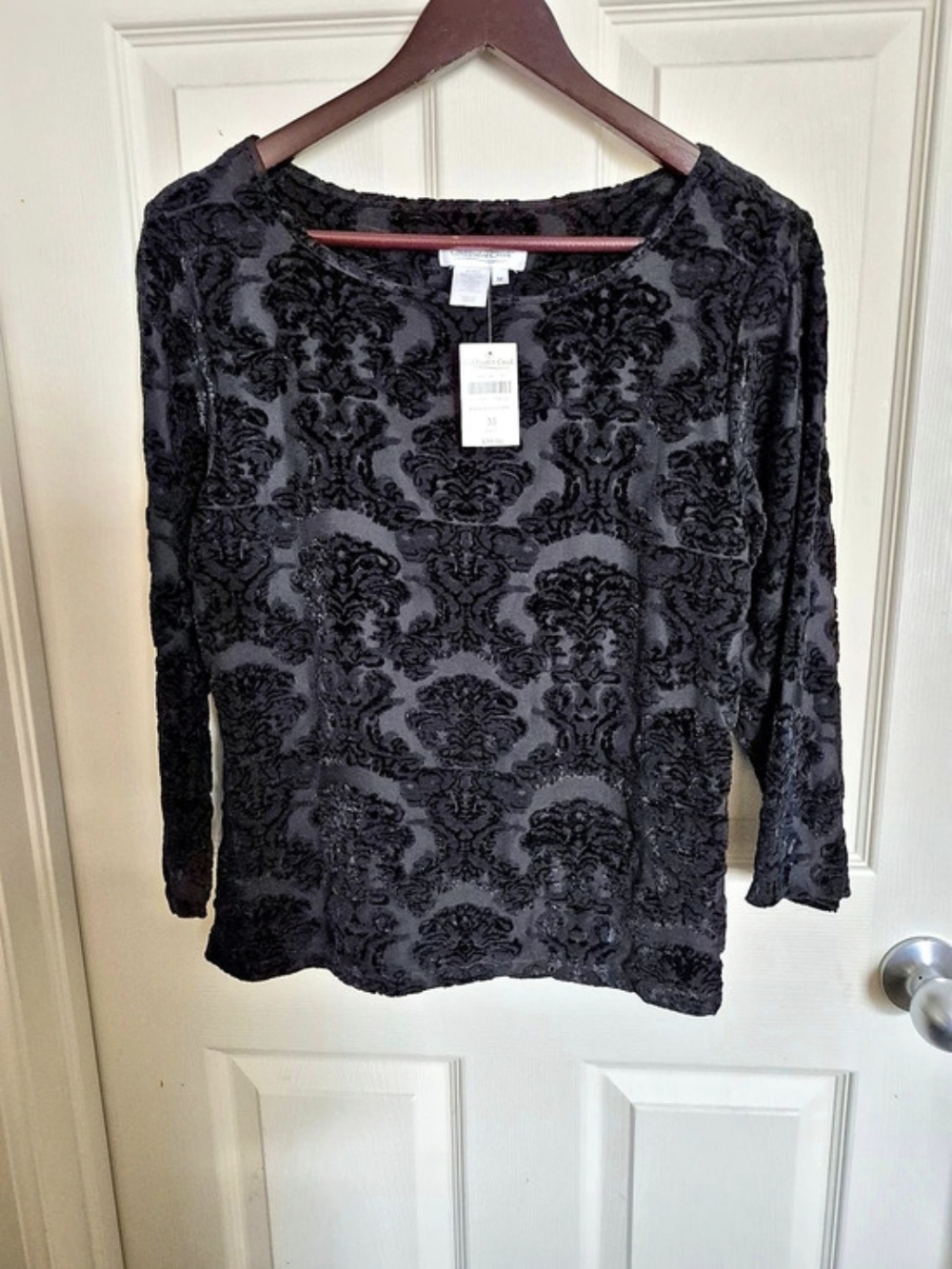 Coldwater Creek Damask Long Sleeve Top in Black Size Medium NWT